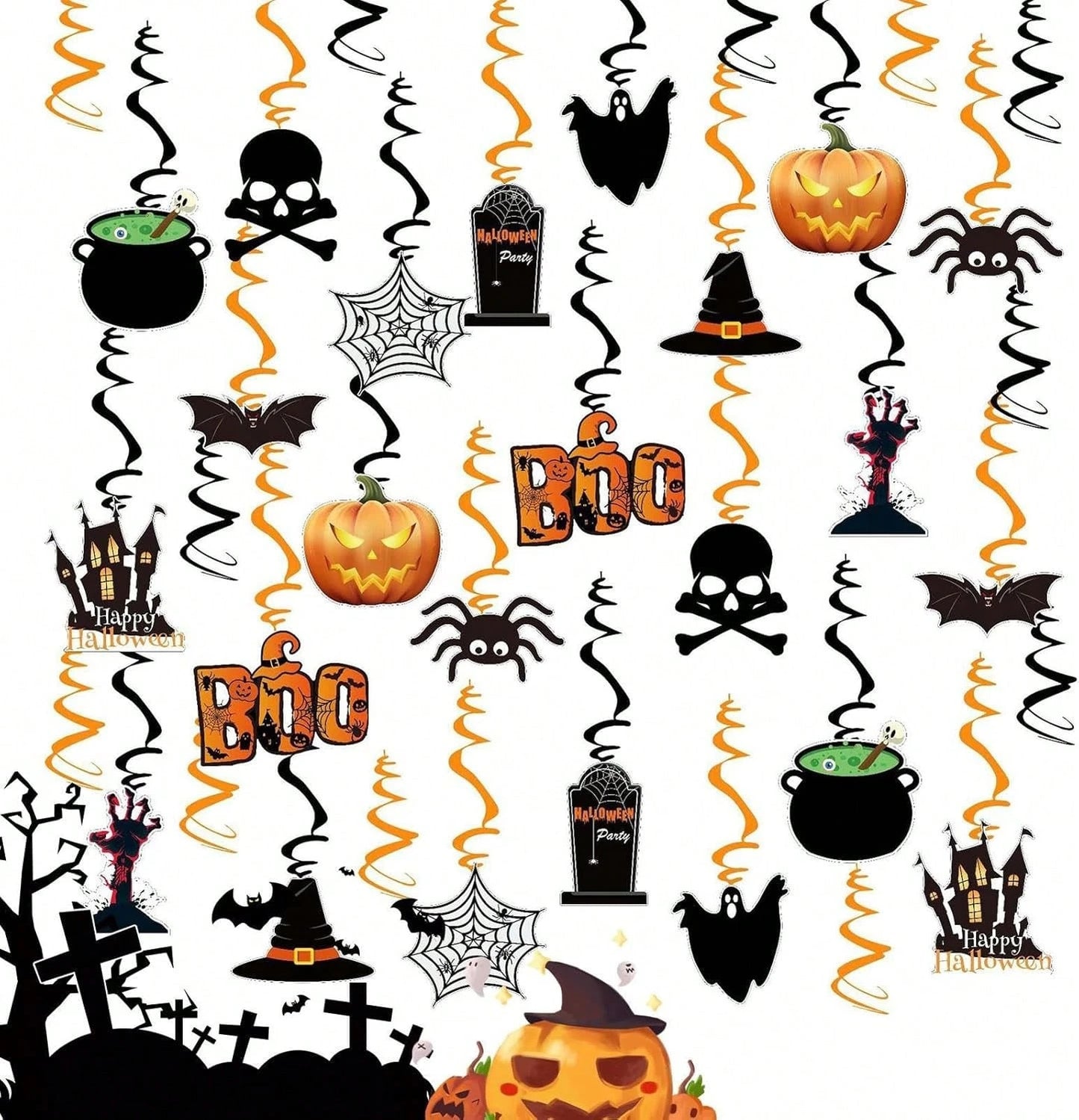 36 decoraciones colgantes de Halloween con forma de espiral y calavera de calabaza fantasma