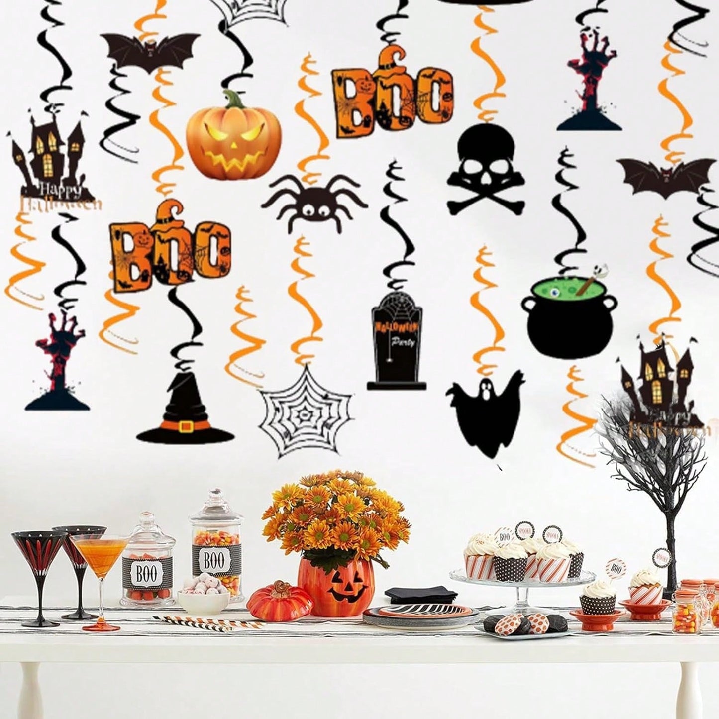 36 decoraciones colgantes de Halloween con forma de espiral y calavera de calabaza fantasma