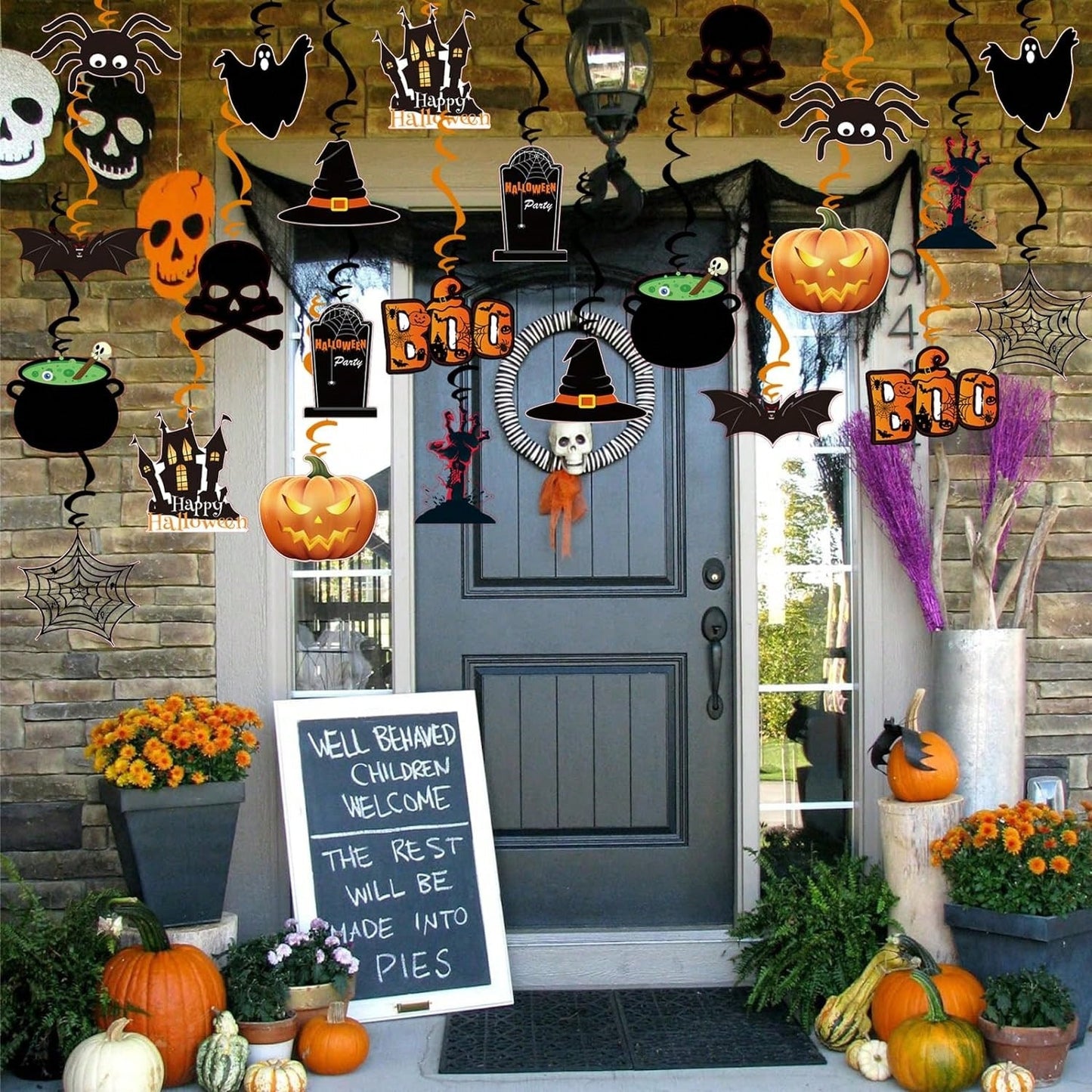 36 decoraciones colgantes de Halloween con forma de espiral y calavera de calabaza fantasma 