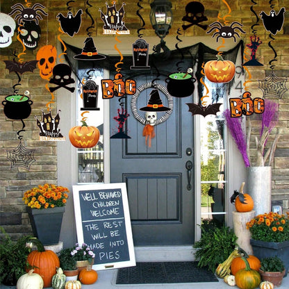 36 decoraciones colgantes de Halloween con forma de espiral y calavera de calabaza fantasma 