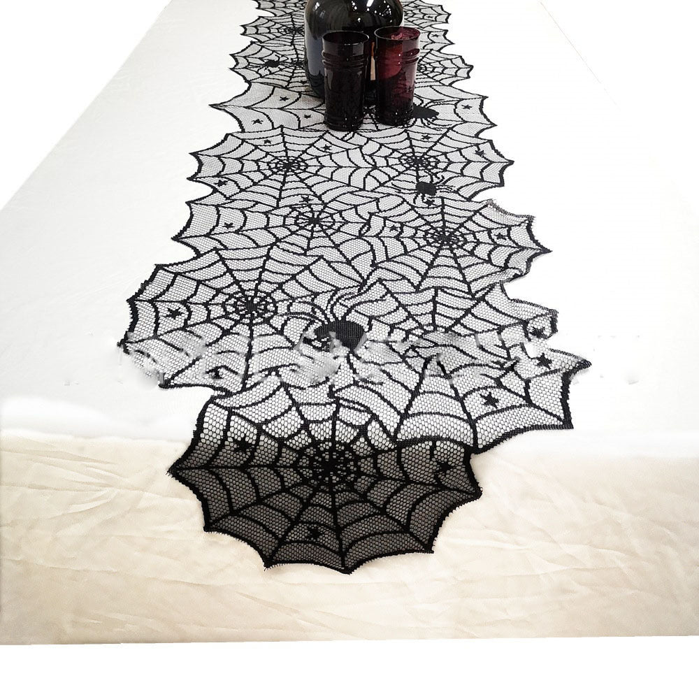 Mantel de Halloween con cubierta de encaje negro, camino de mesa, telaraña, bufanda para chimenea