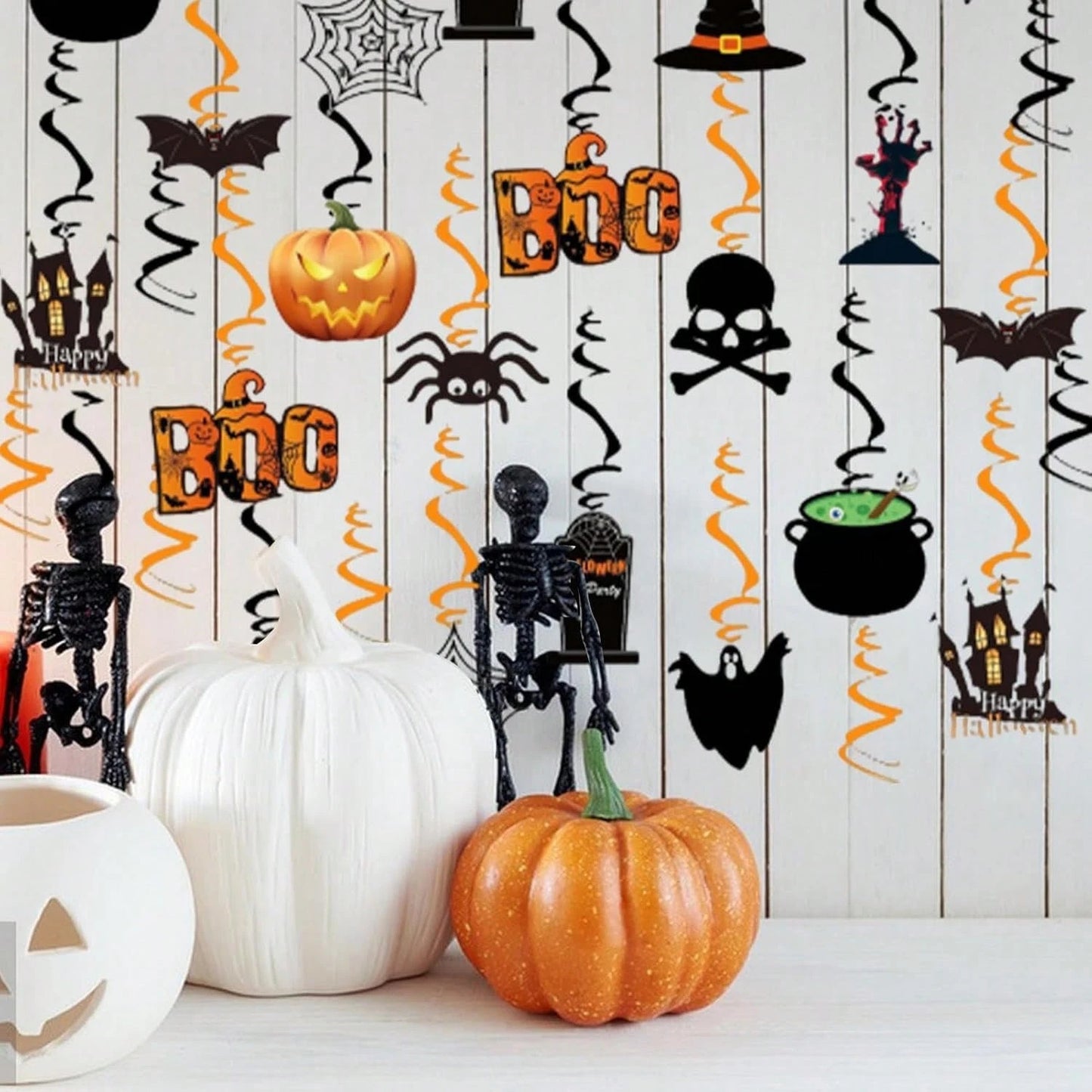36 decoraciones colgantes de Halloween con forma de espiral y calavera de calabaza fantasma 