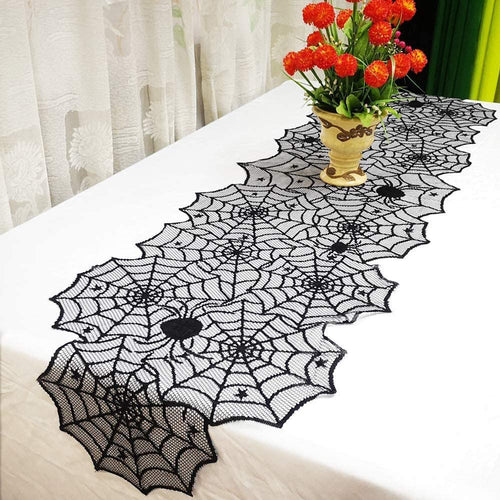 Mantel de Halloween con cubierta de encaje negro, camino de mesa, telaraña, bufanda para chimenea