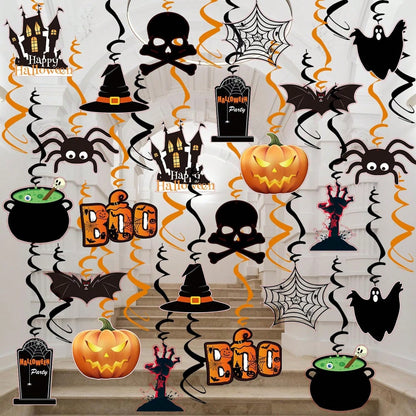 36 decoraciones colgantes de Halloween con forma de espiral y calavera de calabaza fantasma 